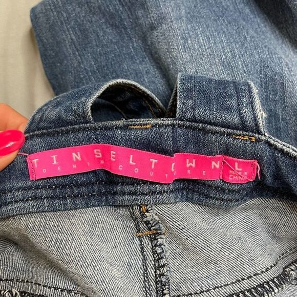 Tinseltown Dark Wash Denim Distressed Overalls Large - Picture 7 of 10